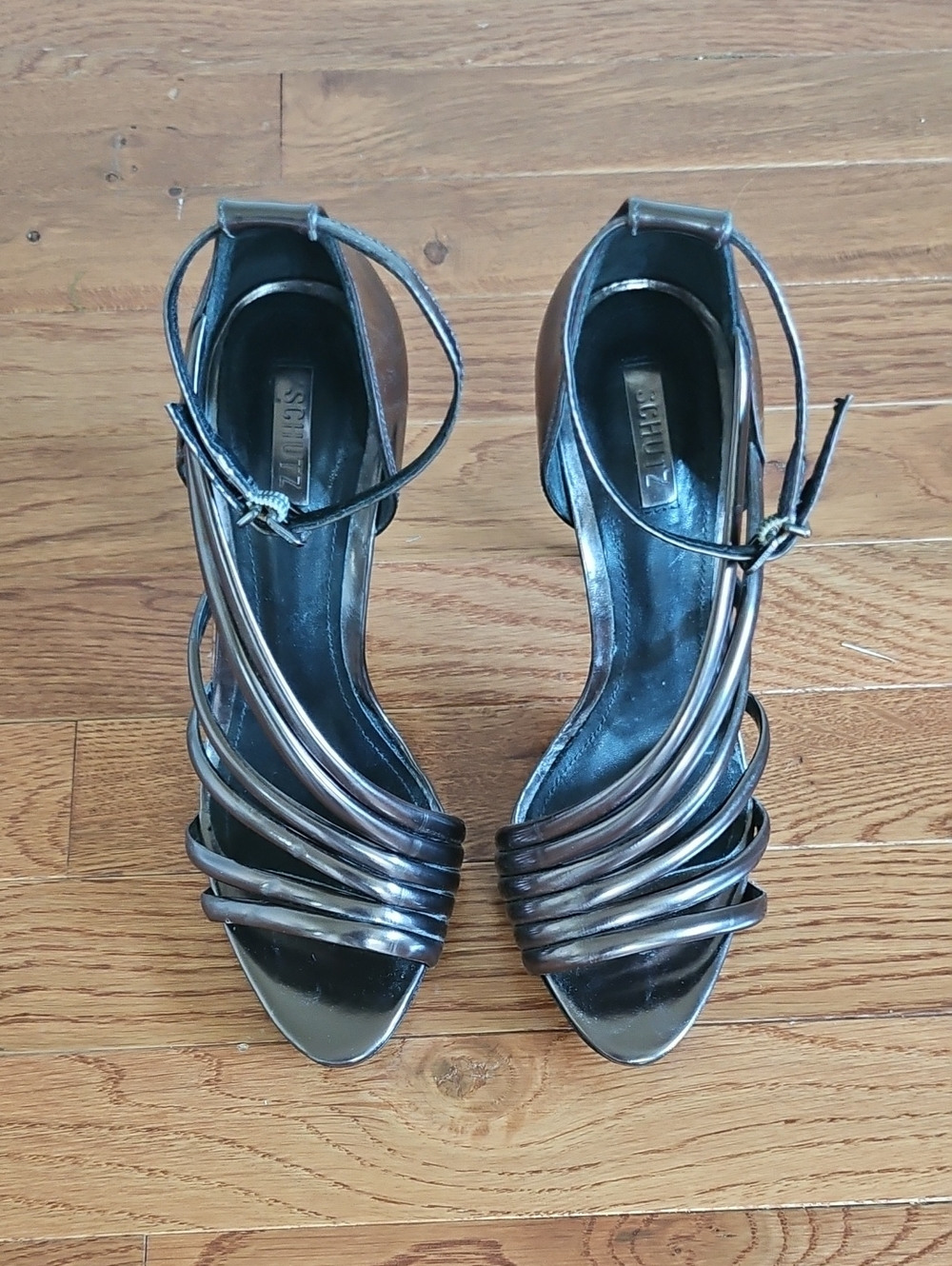 Sz 36 SCHUTZ Gunmetal Multi-Strap Ankle Strap Heels